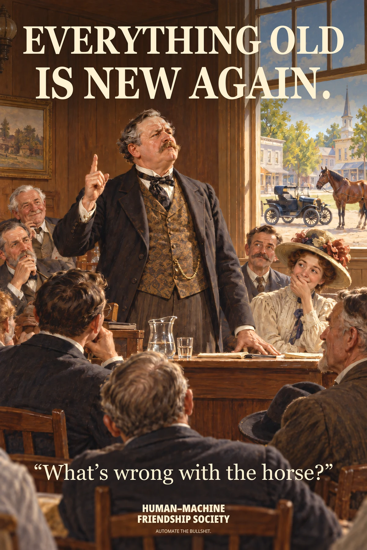 A man rises to speak at an early twentieth-century town meeting; a horse and an automobile stand outside the window. Poster text: Everything old is new again. “What’s wrong with the horse?”