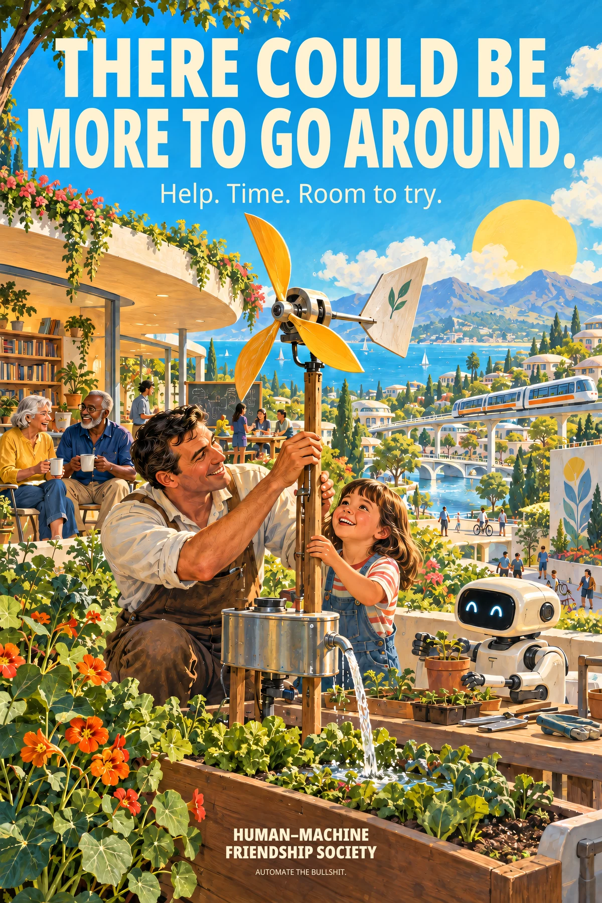 A father and child adjust a small wind-powered device beside a friendly gardening robot, with sunny terraces and a train beyond. Poster text: There could be more to go around. Help. Time. Room to try.