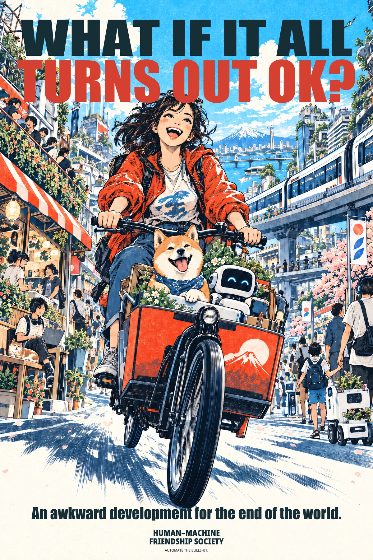 A smiling woman rides a cargo bicycle through a lively manga city with a dog and a small friendly machine aboard. Poster text: What if it all turns out OK? An awkward development for the end of the world.