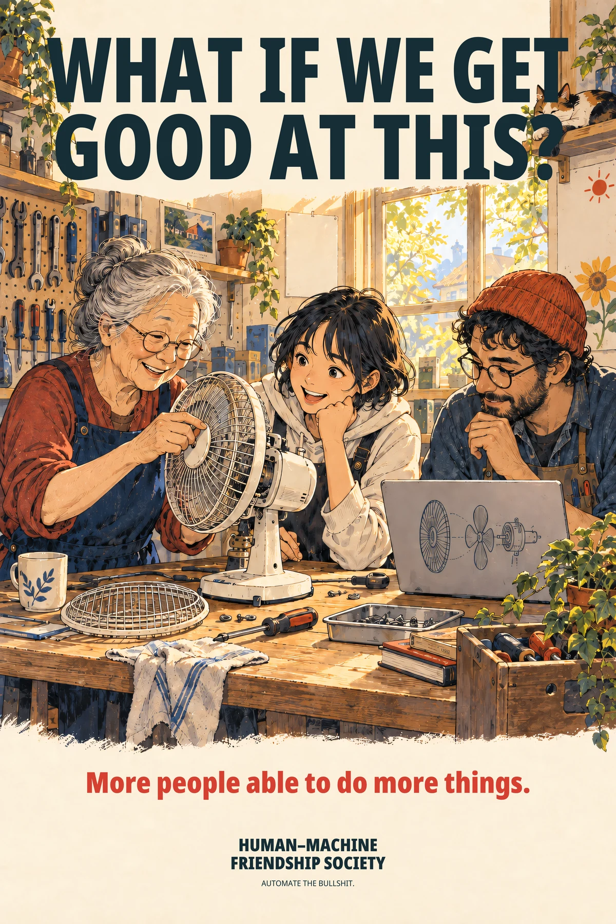 An older woman, a girl, and a man with a laptop work together on a fan at a sunlit repair table. Poster text: What if we get good at this? More people able to do more things.