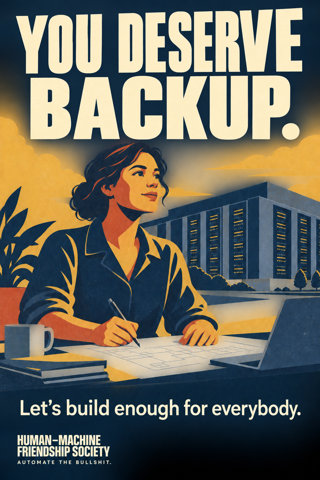 A woman sketches at a worktable with a data center behind her, in navy and gold. Poster text: You deserve backup. Let’s build enough for everybody.